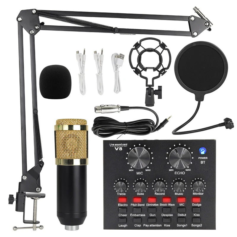 Juego de tarjetas de sonido BM800 V8, micrófono condensador de Audio profesional, micrófono para canto de estudio para Karaoke, grabación de Podcast, transmisión en vivo