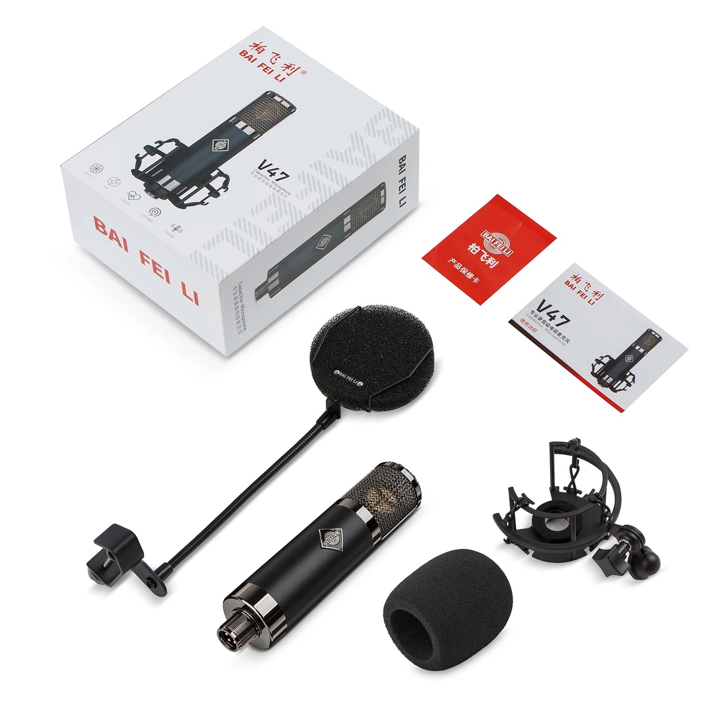 BAIFEILI V47 micrófono condensador profesional XLR con diafragma grande cardioide de 34mm para grabación en Streaming Podcasting ASMR