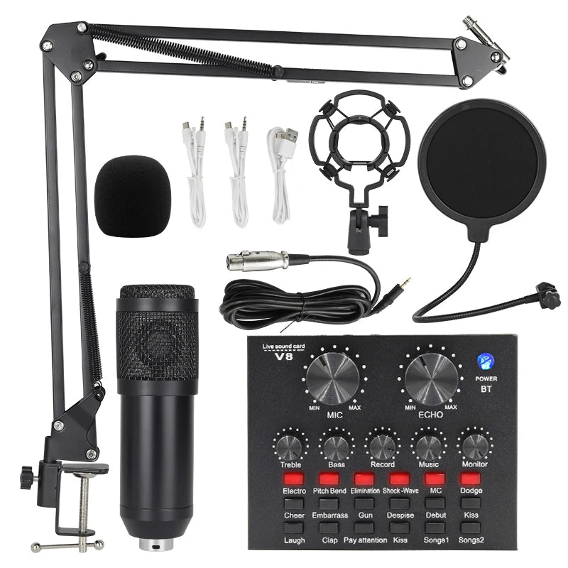 Juego de tarjetas de sonido BM800 V8, micrófono condensador de Audio profesional, micrófono para canto de estudio para Karaoke, grabación de Podcast, transmisión en vivo
