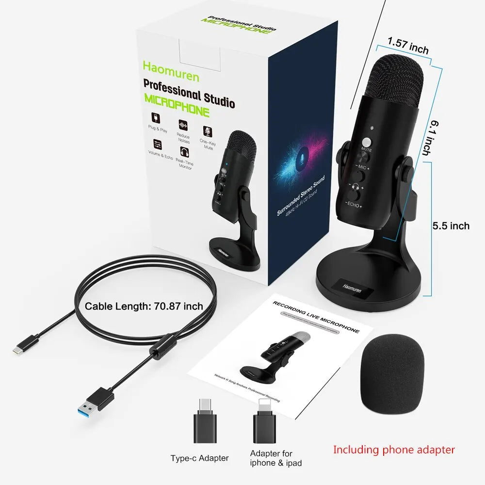 Haomuren Micrófono USB para PC Mac Gaming Grabación Stream Podcast, Micrófono de Condensador de Computadora con Adaptador de Teléfono Salida de Auriculares