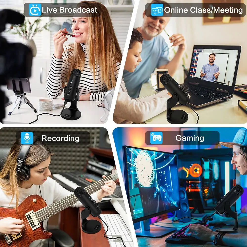 Haomuren Micrófono USB para PC Mac Gaming Grabación Stream Podcast, Micrófono de Condensador de Computadora con Adaptador de Teléfono Salida de Auriculares