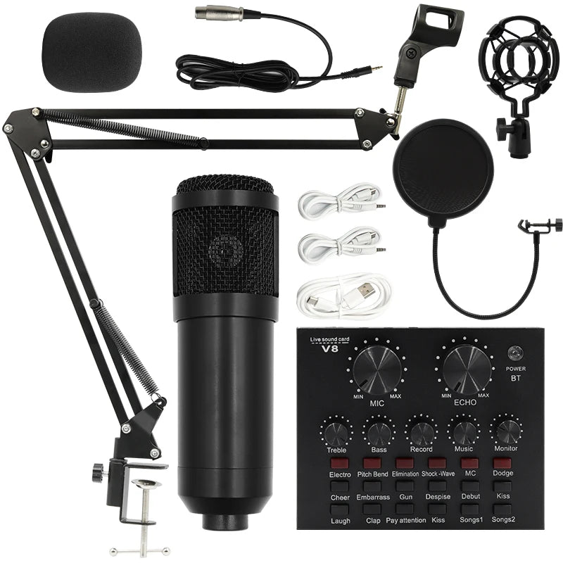 Juego de tarjetas de sonido BM800 V8, micrófono condensador de Audio profesional, micrófono para canto de estudio para Karaoke, grabación de Podcast, transmisión en vivo