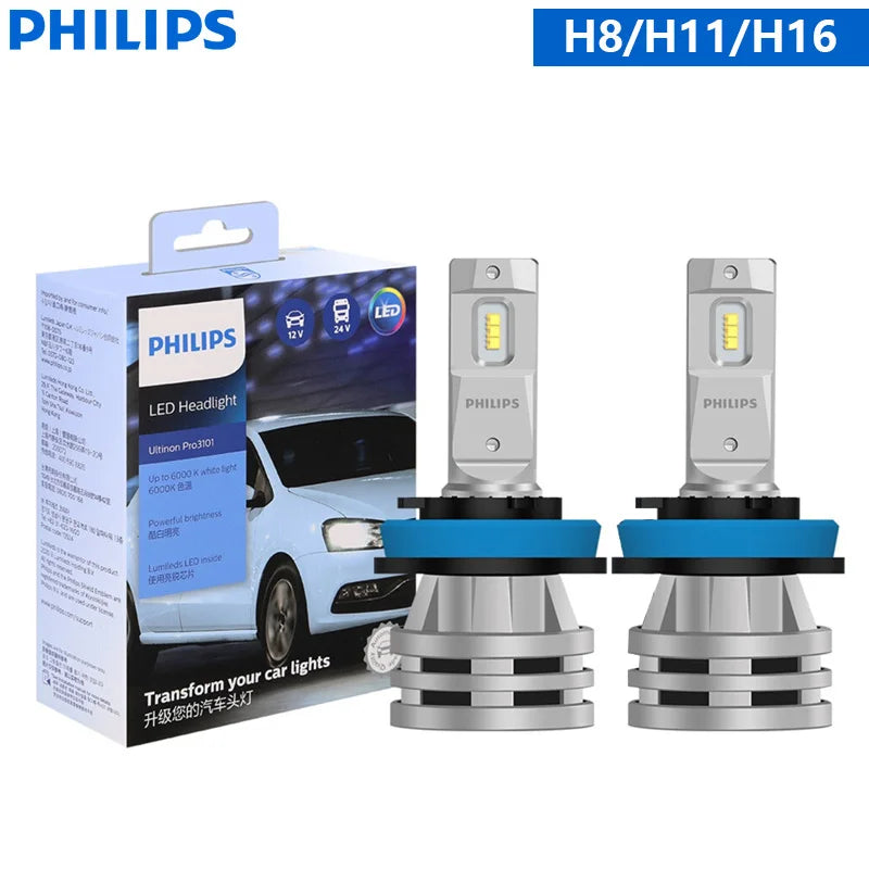 Philips LED H1 H3 H4 H7 H11 Ultinon Pro3101 12V/24V 6000K Blanco brillante HB3 9005 HB4 9006 HIR2 9012 Lámparas LED para faros delanteros de automóvil, 2x