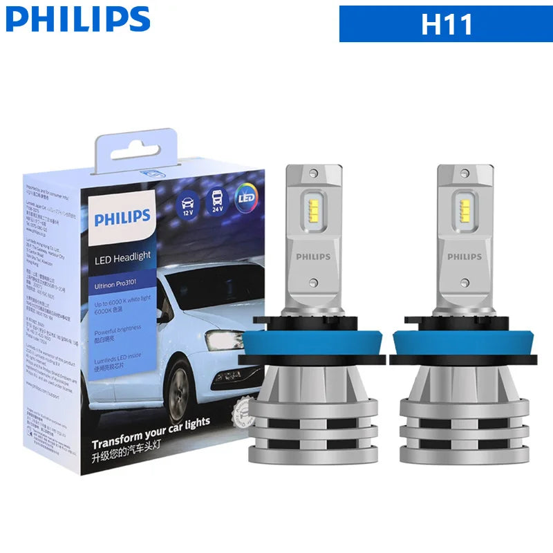 Philips LED H1 H3 H4 H7 H11 Ultinon Pro3101 12V/24V 6000K Blanco brillante HB3 9005 HB4 9006 HIR2 9012 Lámparas LED para faros delanteros de automóvil, 2x