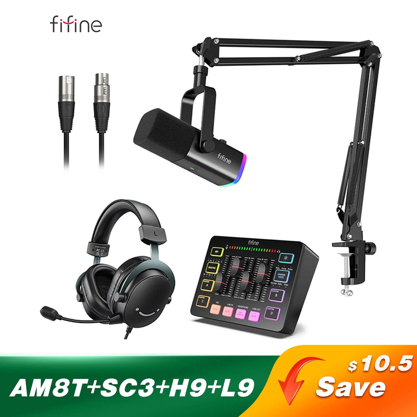 FIFINE juego de Audio para juegos, micrófono/mezclador/auriculares para transmisión de Podcasting, juego de Podcast para Youtube/OBS/Tiktok/X/Instagram-am8/H9/SC3